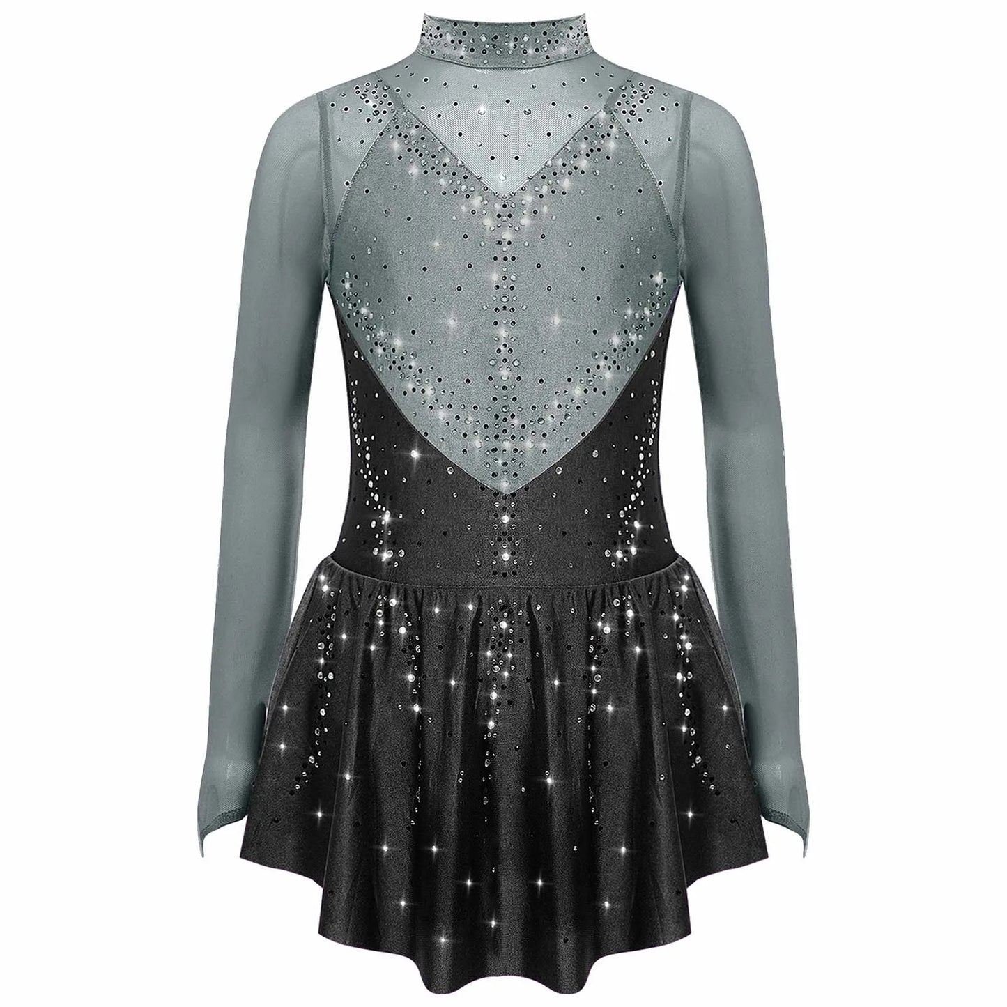 Kids Girls Figure Skating Dance Dress Ballet Lyrical Princess Costume Long Sleeve Color Block Mesh Rhinestones Leotard Dress