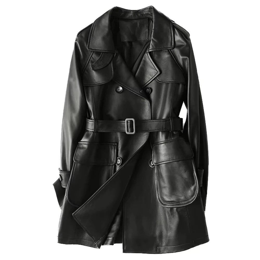 Mauroicardi Spring Autumn Black Pu Leather Blazer Jacket Women Three-dimensional Pockets Double Breasted Luxury Clothes 2025