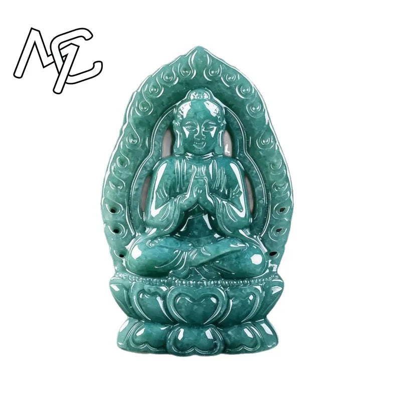 Natural A Grade Burmese Blue Water Jadeite Pendant Hand Carved Sakyamuni Buddha Amulet Jade Buddha Necklace Charm Jewelry Gift