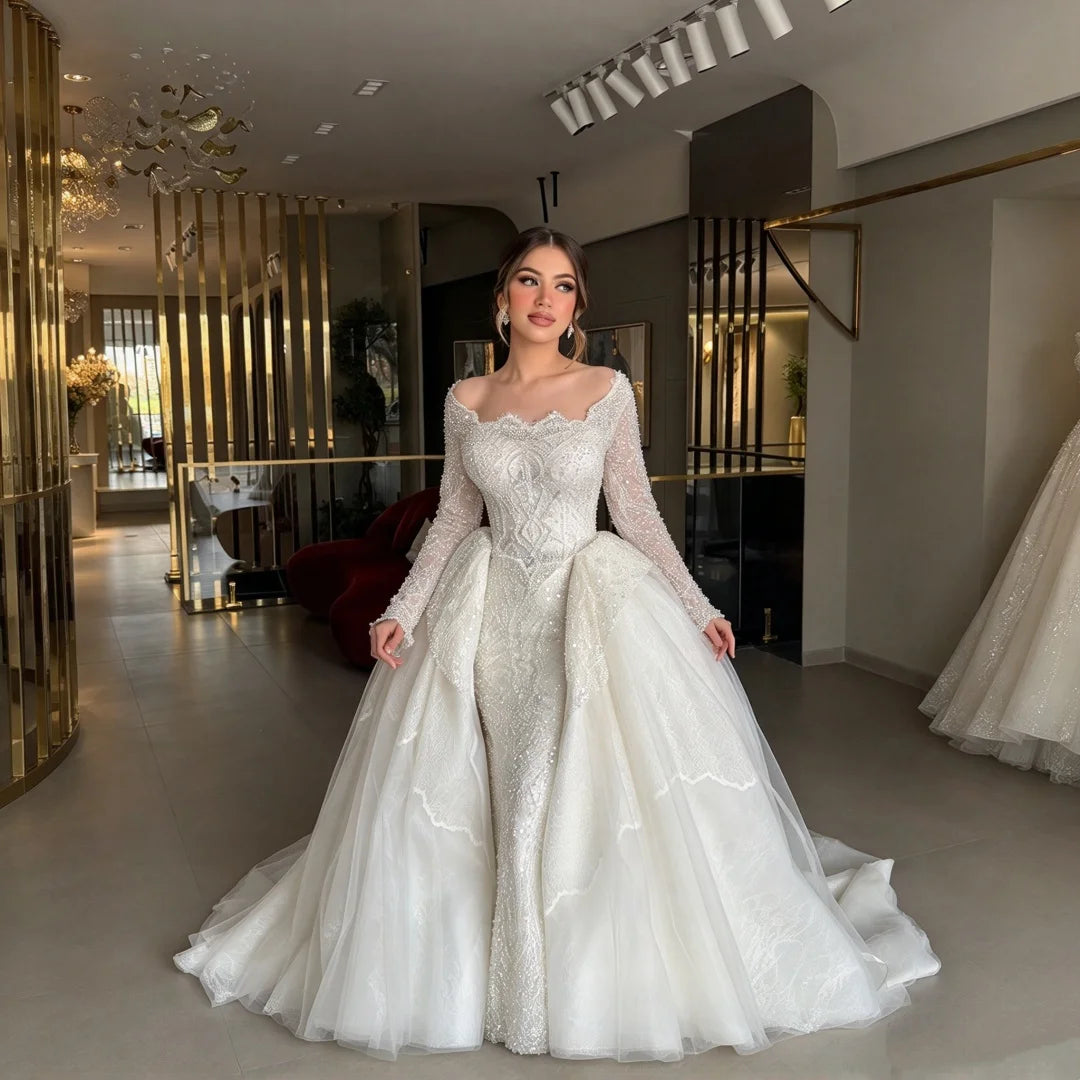 Luxury Mermaid Wedding Dress Detachable Overskirt Long Sleeve Off Shoulder Beaded Lace Bridal Gown Custom Wedding Robe For Bride