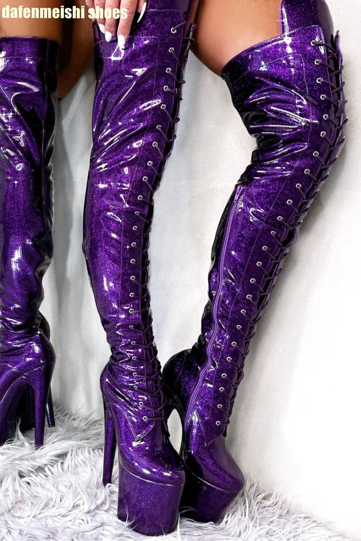 Red Round Toe Lace Zipper High Heels Over The Knee Boots Shiny Patent Leather Women Platform Boots Sequins New Fashion Shoes