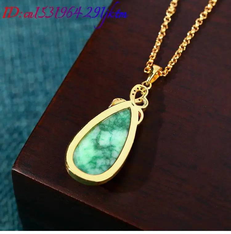 Natural Jade Water Drop Pendant Necklace Stone Carved Gemstone Real Jewelry Vintage Charm 18K Gold Plated Gifts for Women