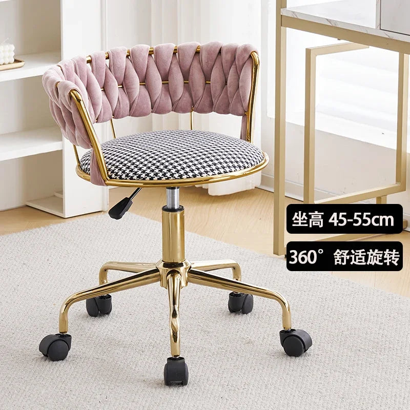 Nordic Makeup Chair With Woven Backrest, Houndstooth Pattern Seat For Bedroom,