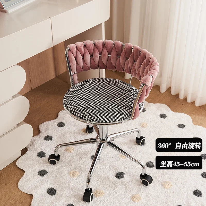 Nordic Makeup Chair With Woven Backrest, Houndstooth Pattern Seat For Bedroom,
