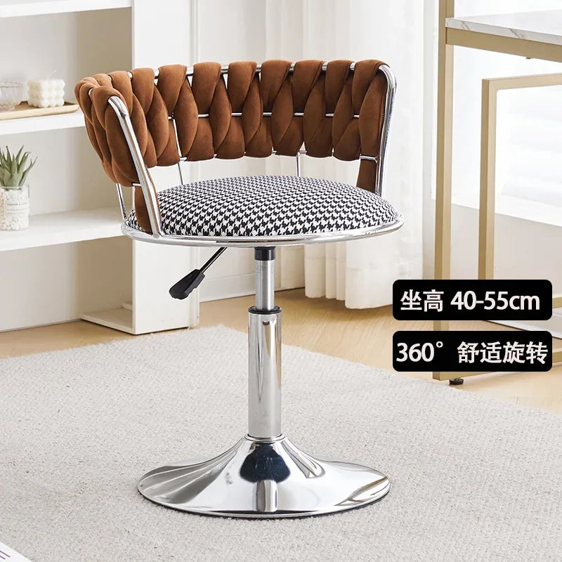 Nordic Makeup Chair With Woven Backrest, Houndstooth Pattern Seat For Bedroom,