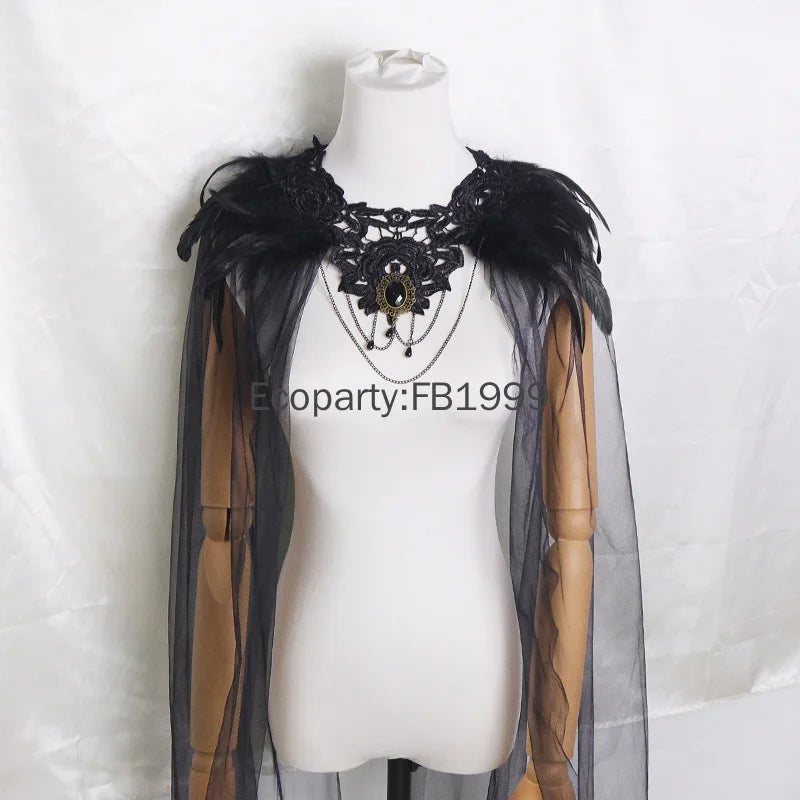 New Halloween Medieval Queen Feather Yarn Cloak for Women Black Tulle Gothic Vampire Bride Cosplay Mesh Shoulder Veil Cape