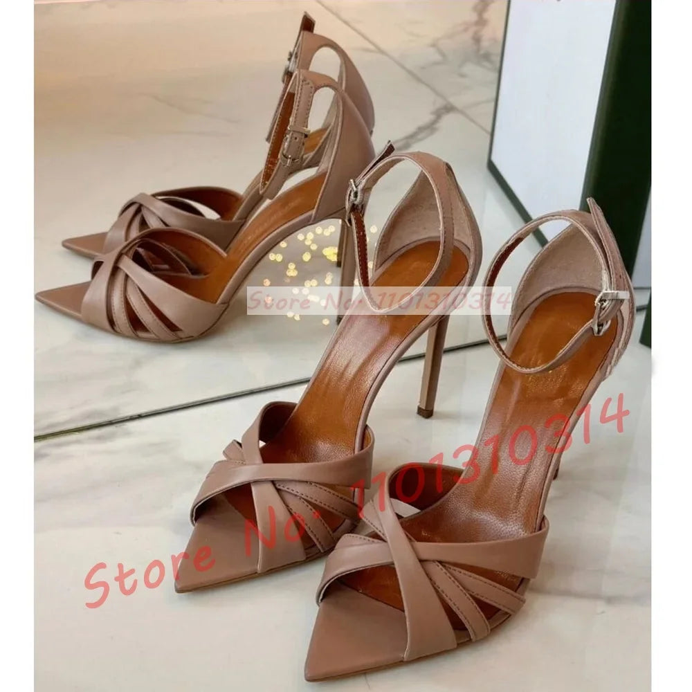 Nude Cross Strap High Heels Sandals Ladies Trendy Open Pointy Toe Classy White Satin Sandal Women Dress Ankle Strap Casual Shoes