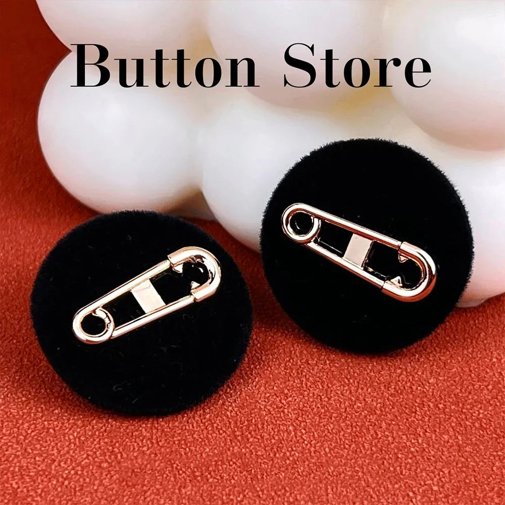 10 Pieces Chic Metal Pin Design Black Flocked Round Buttons Women's Blazer Jacket Tweed Coat Jumper Decorative Resin Buttons