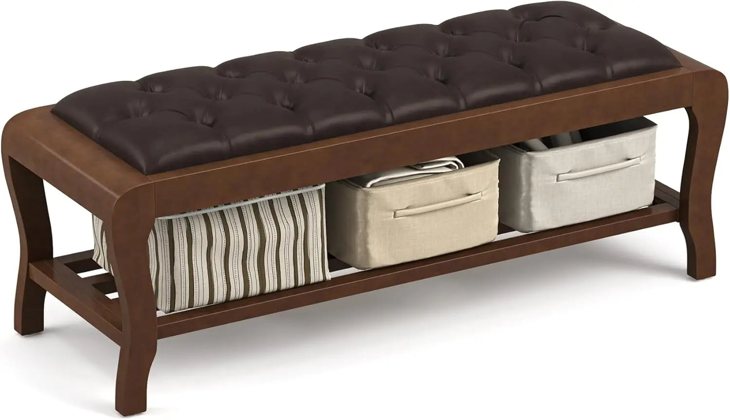 Bedroom Bench, 49" End of Bed Bench with Shelf, Upholstered Entryway Bench with Wooden Legs, Storage Ottoman Bench for Bedroom,