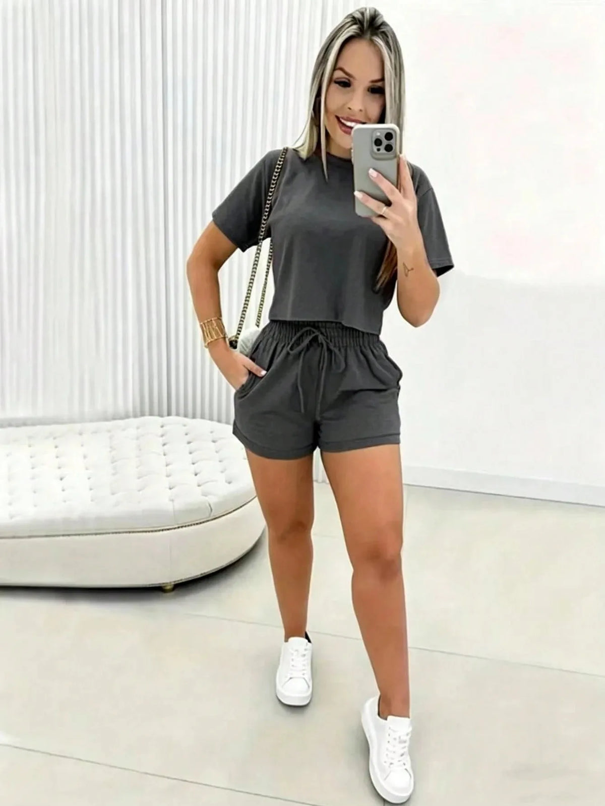 2026 Women's Short-Sleeve Set Brazilian Print T-Shirt Set Crew Neck Retro Streetwear Trendy Clothing Crop Top Sports Set