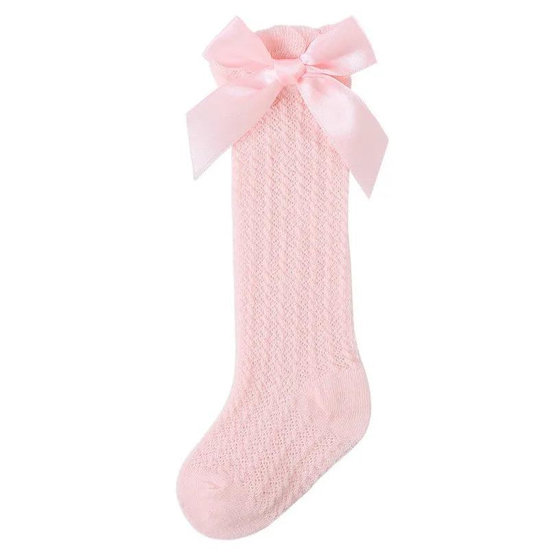 Newborn Baby Girl Knee High Socks Autumn Clothes Long Socks Thin Mesh Stockings with Bow for Infants Baby Items Clothing