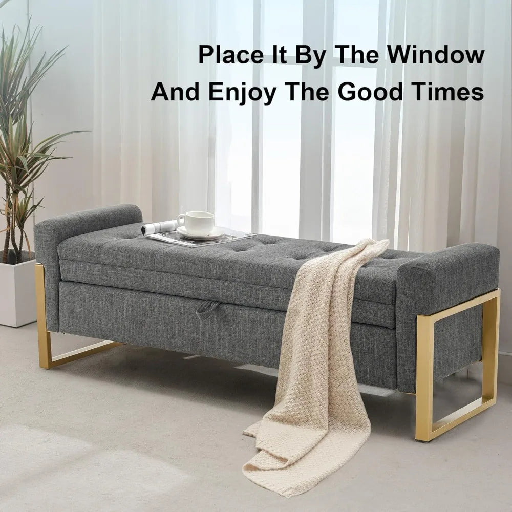 Storage Ottoman Bench, Upholstered PU Leather End of Bed Bench with Tufted Button&Gold Metal Legs for Bedroom