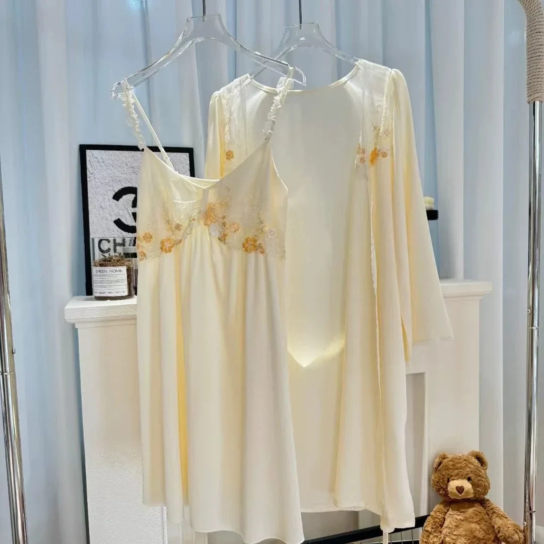 Yellow Princess Style Robe Set Sexy Lingerie Underwear Women Satin Sleepwear Sexy Lace Chemise Nightdress Short Bathrobe Suit