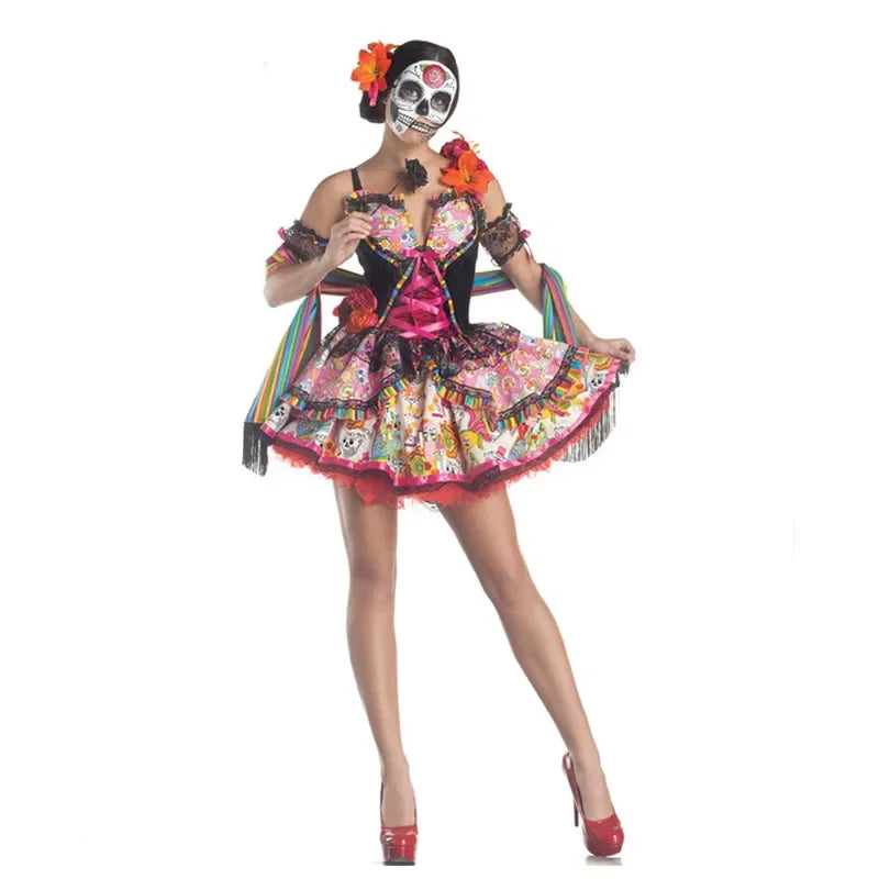 Carnival Party Halloween Mexico Day Of The Dead Women Sexy Sugar Skull Flower Fairy Ghost Bride Costume Cosplay Fancy Dress