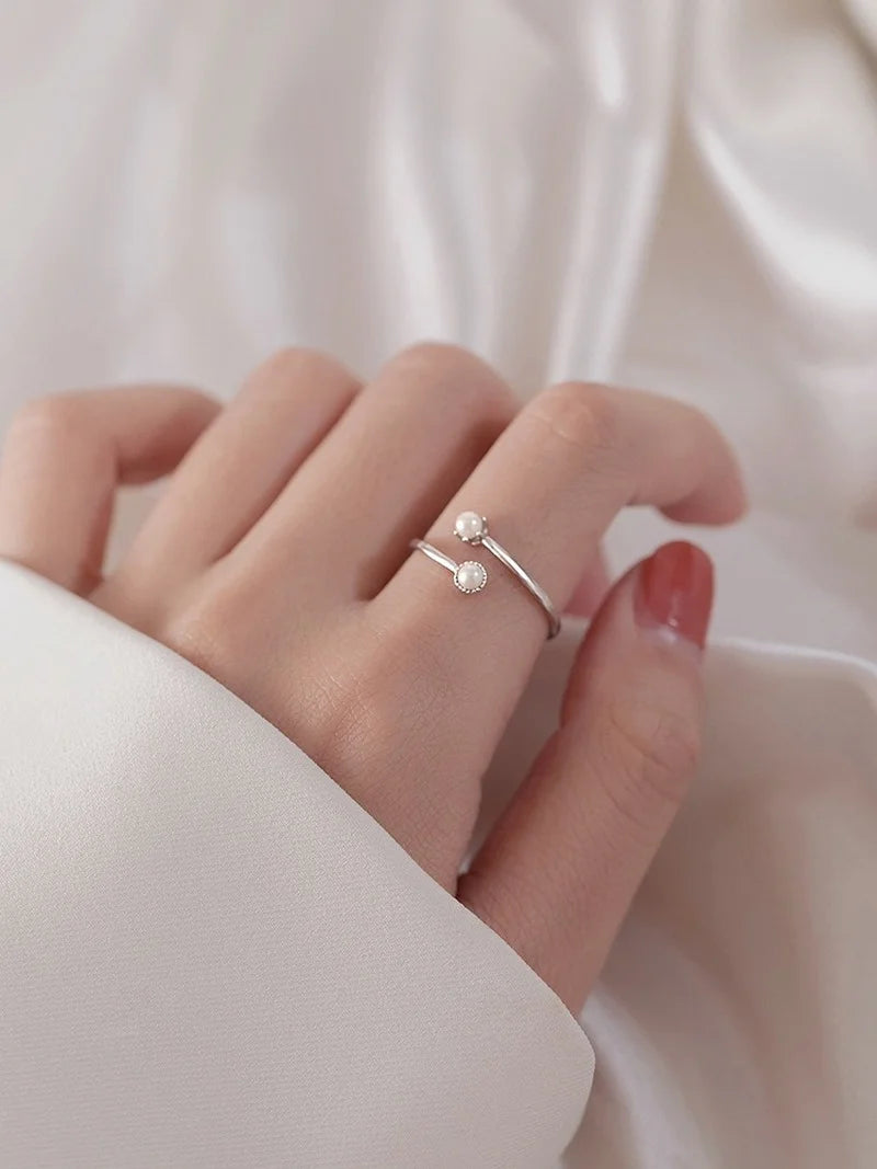 CIAXY Silver Color Pearl Rings for Women Open Adjustable Ring French Luxury Retro Jewelry Party Gift