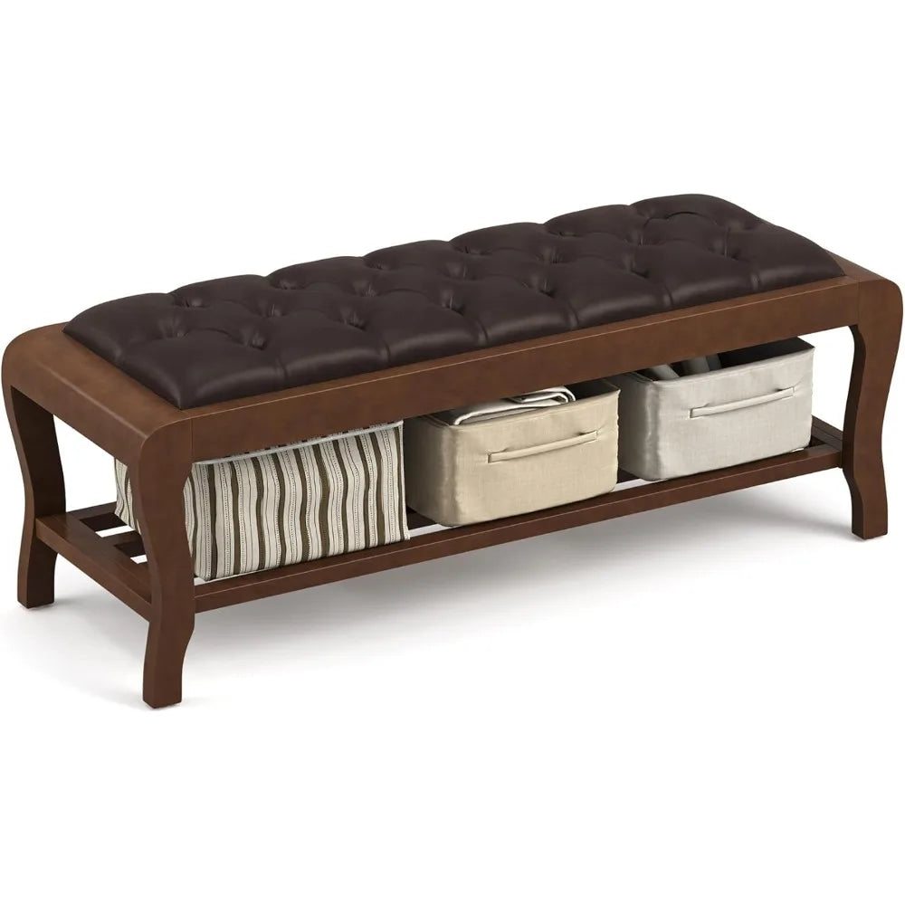 Bedroom Bench, 49" End of Bed Bench with Shelf, Upholstered Entryway Bench with Wooden Legs, Storage Ottoman Bench for Bedroom,