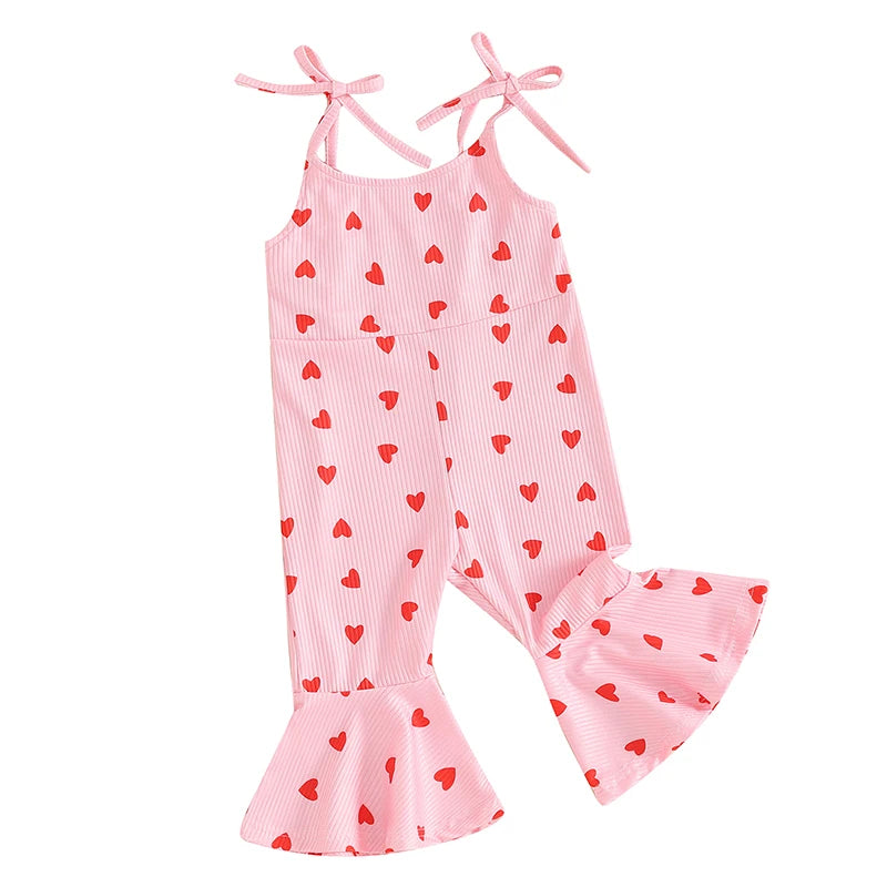 1-5Y Toddler Girls Valentine's Day Jumpsuit Heart Print Sleeveless Tie-Up Spaghetti Straps Bell-Bottoms Romper Overalls Clothes