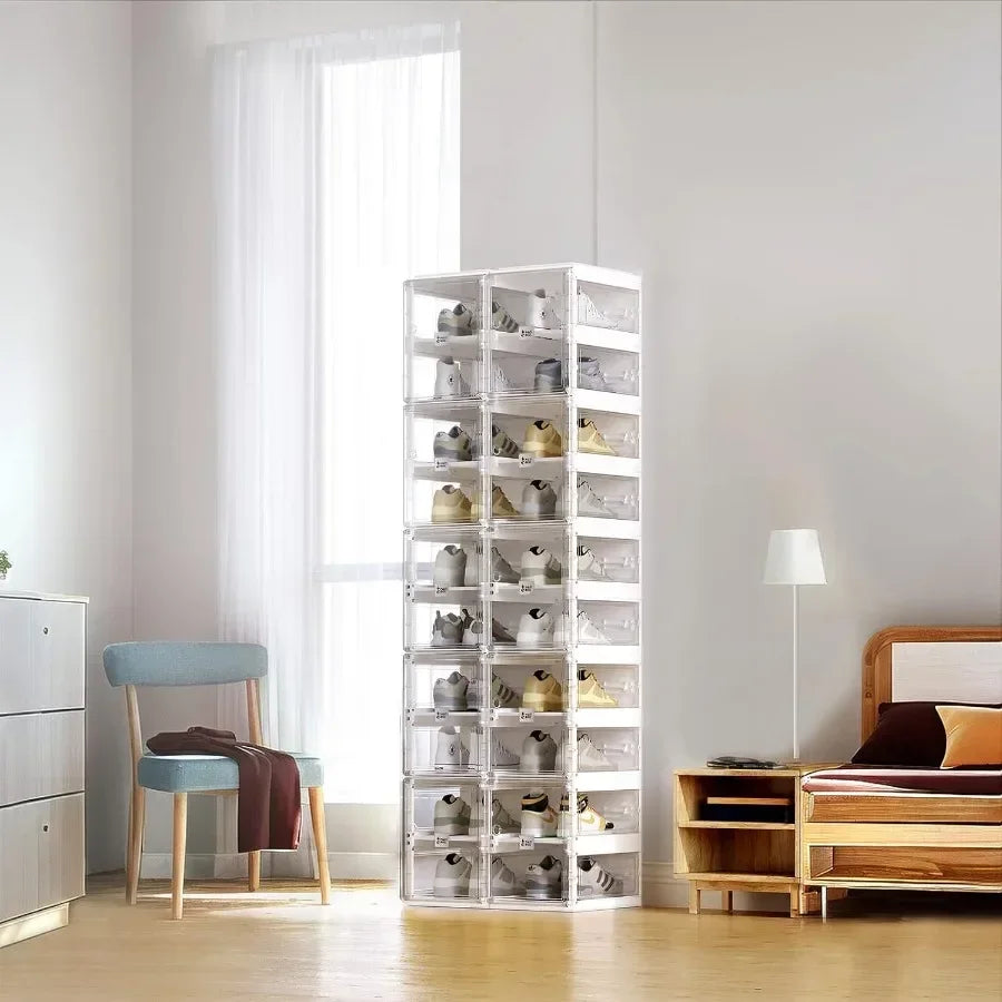 Foldable Shoe Rack for Closet: Plastic, Clear, Space-Saving Stackable Organizer with Magnetic Door, 8-Tier, 16-Pair Capacity