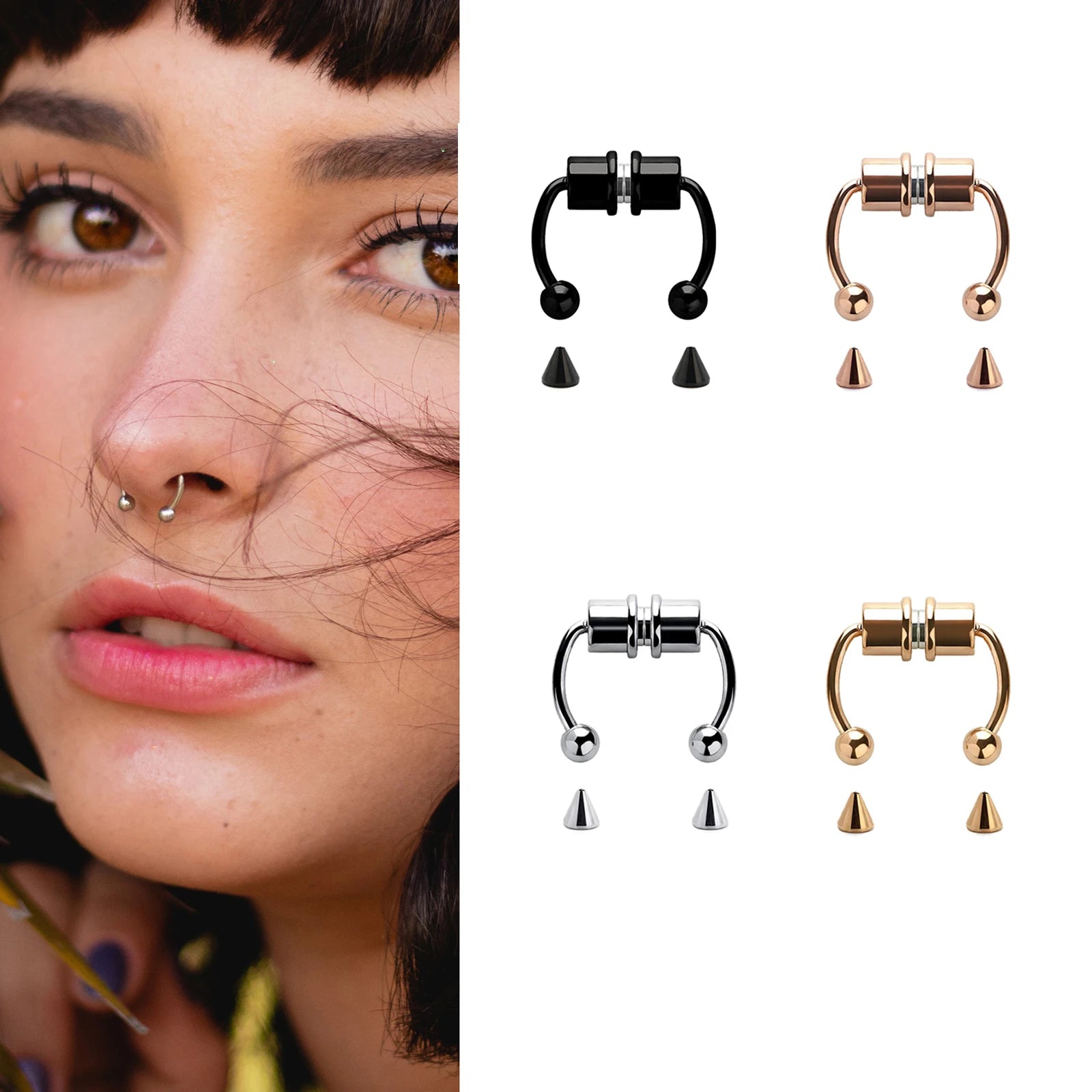 1/4pcs Women's Fake Nose Rings - Magnetic Stainless Steel Septum Hoops, Rock Hip Hop Body Jewelry