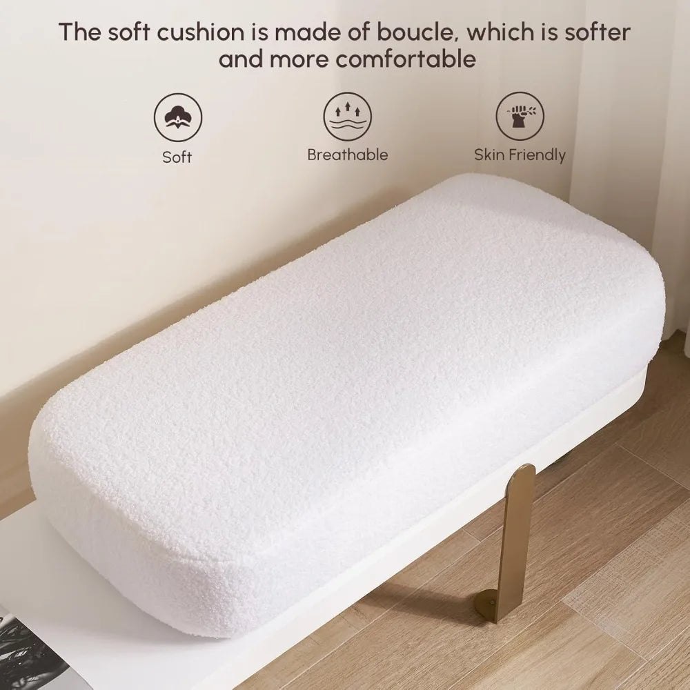 Entryway Bench, Wooden Bench Boucle Upholstered Bench with Abstract Metal Leg for Entryway/Bedroom/Living Room