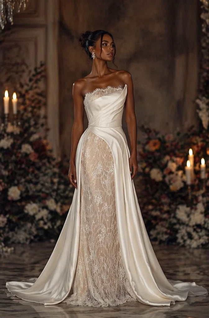 Luxury Satin Lace Mermaid Wedding Dress Strapless Lace Edging Ruffles Flower Lace Interior Dress Wedding Dress Customization