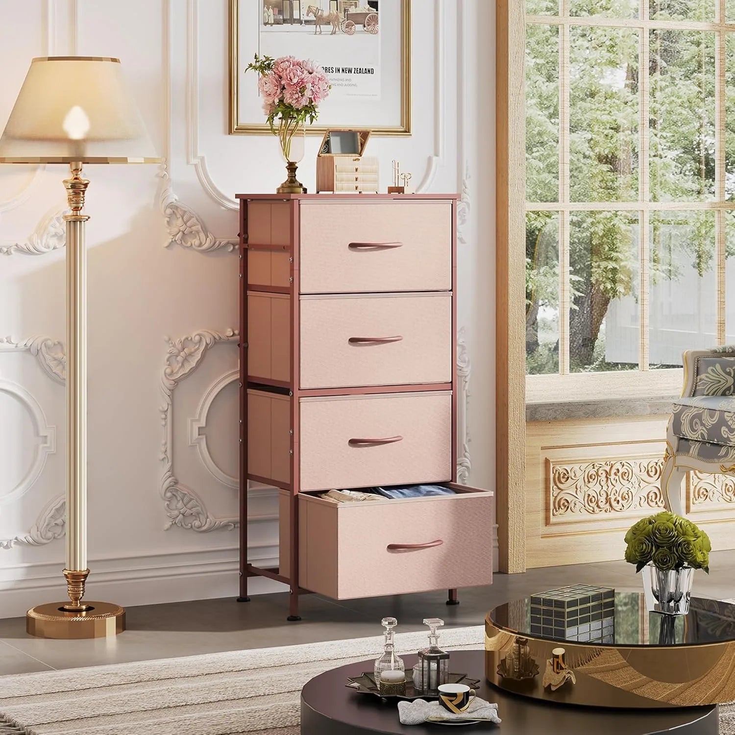 4 Drawers Dresser for Bedroom, Pink Rose Gold Fabric Clothes Storage Organizer Unit, Dresser for Hallway, Entryway,  Wood Top