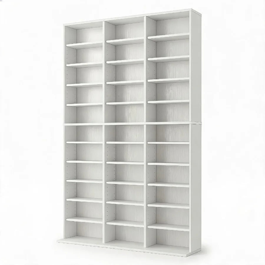 Tall Media Storage Cabinet Tower Bookcase for Living Room, MDF Wood, White, 7/9/11-Tier with 21/27/33 Compartments for Organize