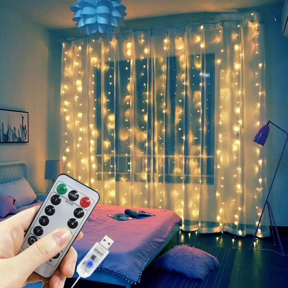 USB Plug Curtain LED Light String 8 Modes Remote Control Bedroom Wedding Party New Year Christmas Valentine's Day Decoration