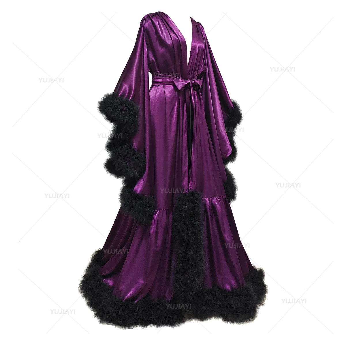 Customized Bathrobe for Women Flare Sleeves Feather Bridal Robe Nightgown Silk Long Wedding Scarf Dress Gown Photography Dress