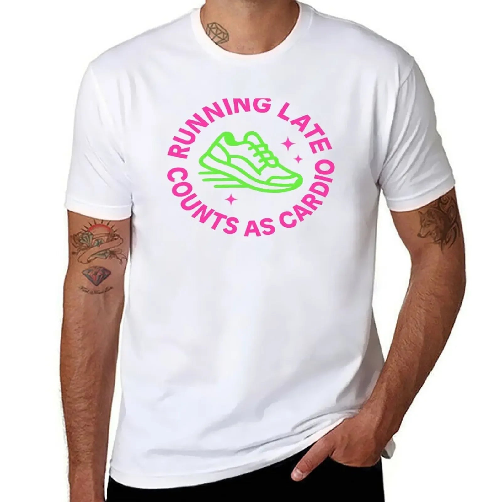 Does Running Late Count as Exercise? – Neon Retro Running Shoe Circular Design Tee & Merch T-Shirt clothes mens vintage t shirts