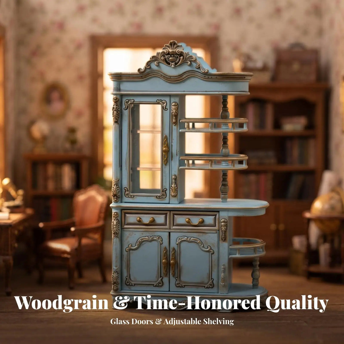 Tiny Display Cabinet Dollhouse Miniature Furniture with Opening Doors and Drawers for Collectible Toy Scenes