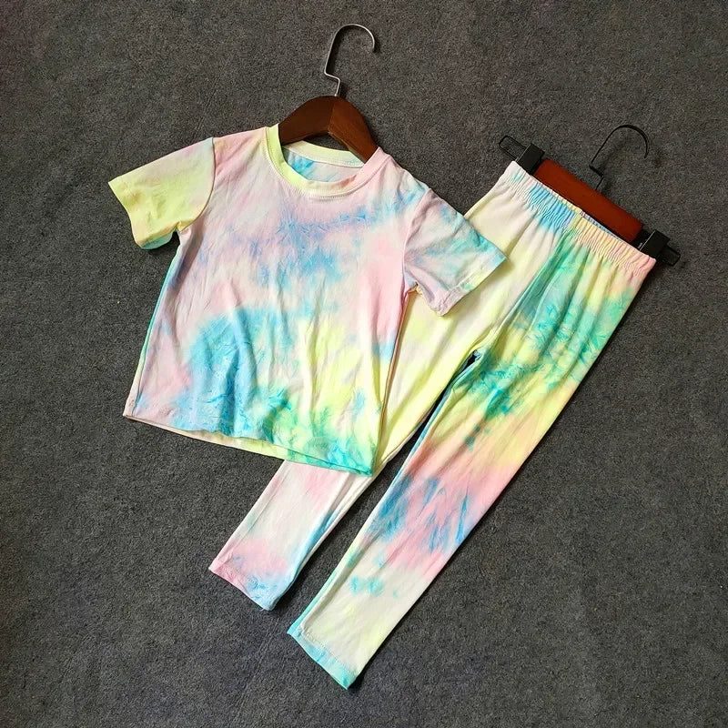 Baby Girls T shirts and Long Pants Suits Summer Tie Dye Print Kids Girls Tops V-neck T Shirt Children Slim Sport Clothes Set