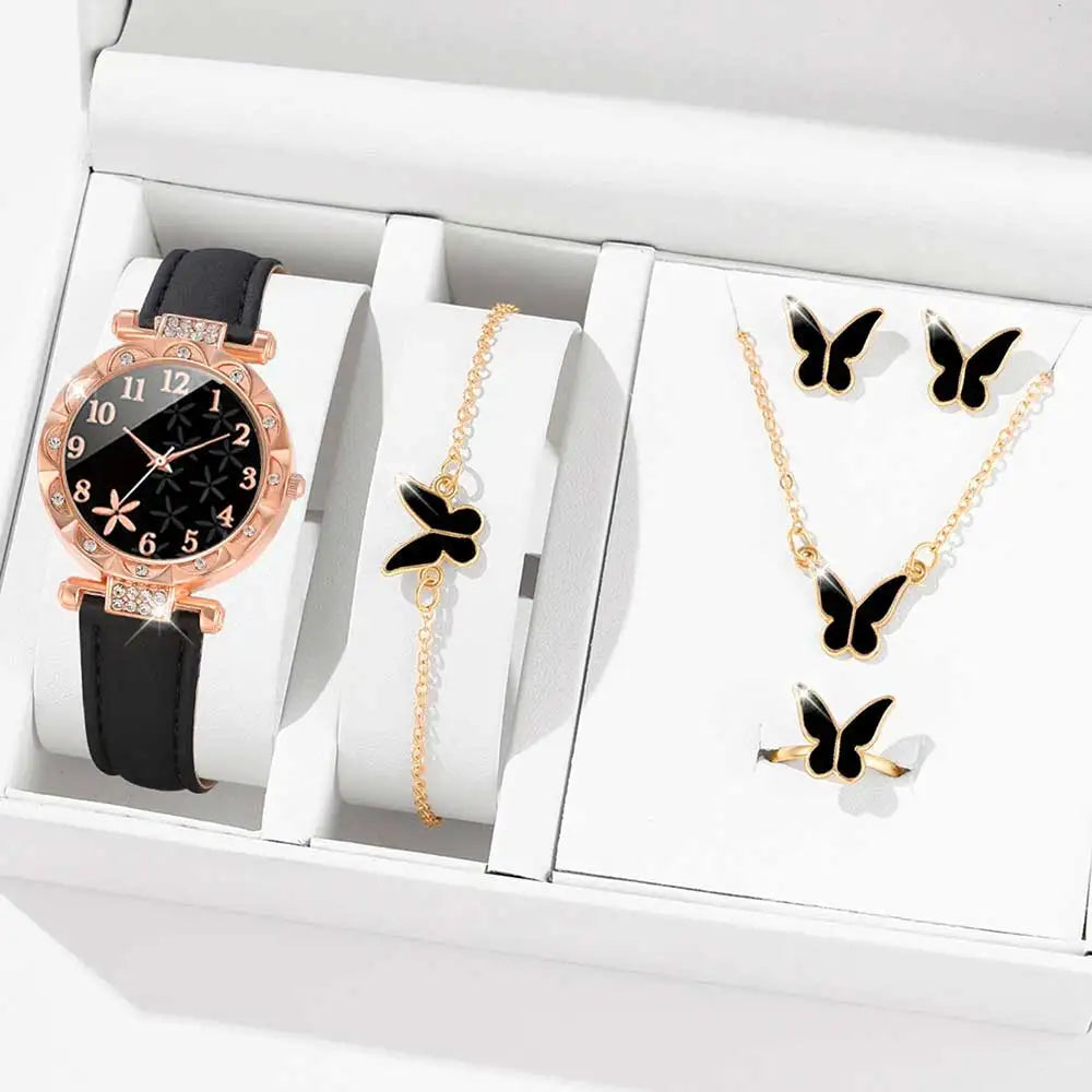 6PCS Women's Watch Set Trendy Versatile Butterfly Elements Quartz Watch Bracelet Necklace Earrings Ring Set Perfect Gift for Her