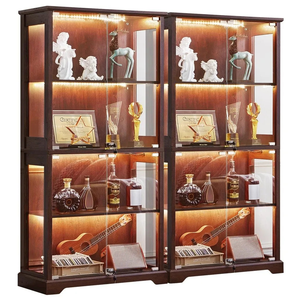 Farmhouse Glass Display Cabinet Set of 2 with Lock Walnut