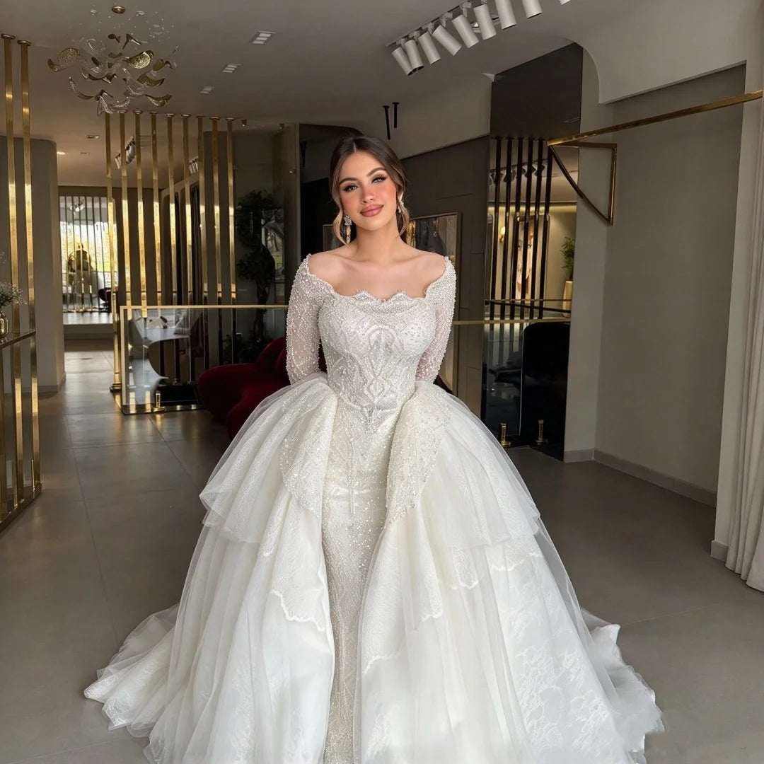 Luxury Mermaid Wedding Dress Detachable Overskirt Long Sleeve Off Shoulder Beaded Lace Bridal Gown Custom Wedding Robe For Bride