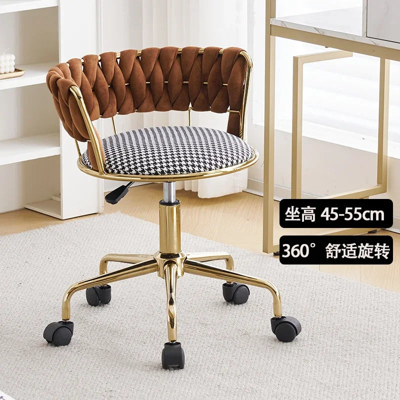 Nordic Makeup Chair With Woven Backrest, Houndstooth Pattern Seat For Bedroom,