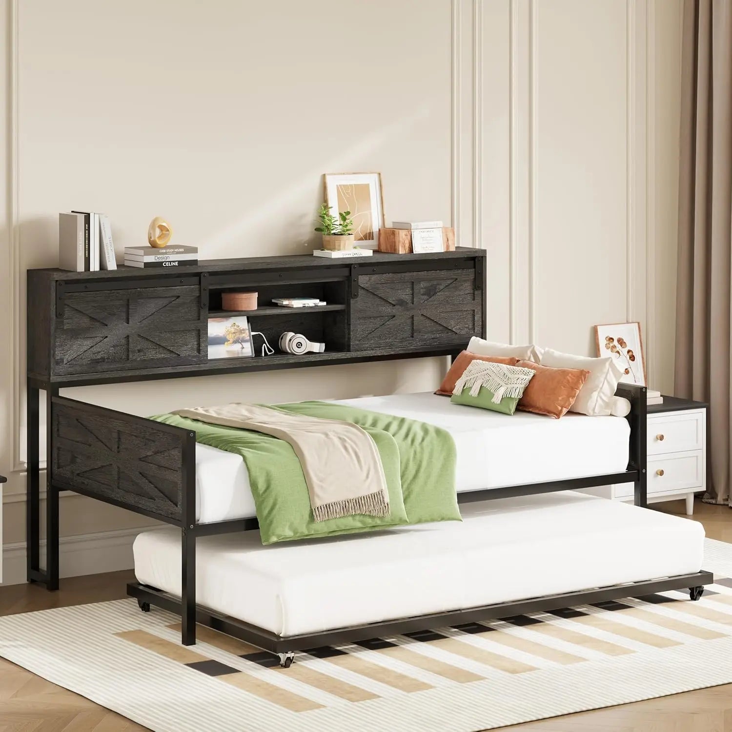 Daybed with Trundle, Rustic Bed Twin with Storage and Charging Station for Living Room, Bedroom and Guest Room