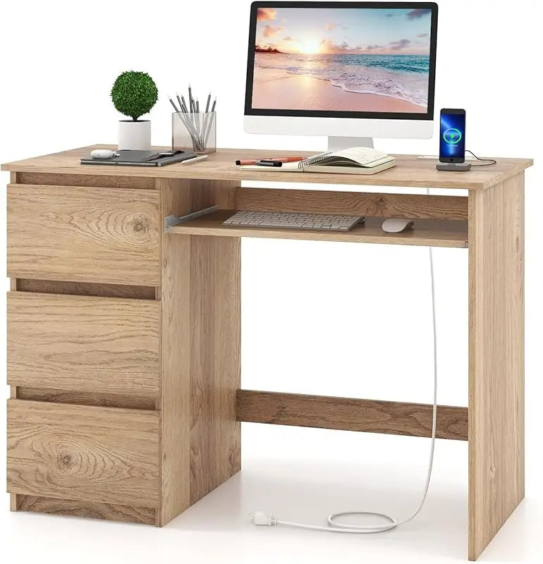 Computer Desk with 3 Storage Drawers & Built-in Charging Station, Home Office Desk with Keyboard Tray, PC Desk Study Wr