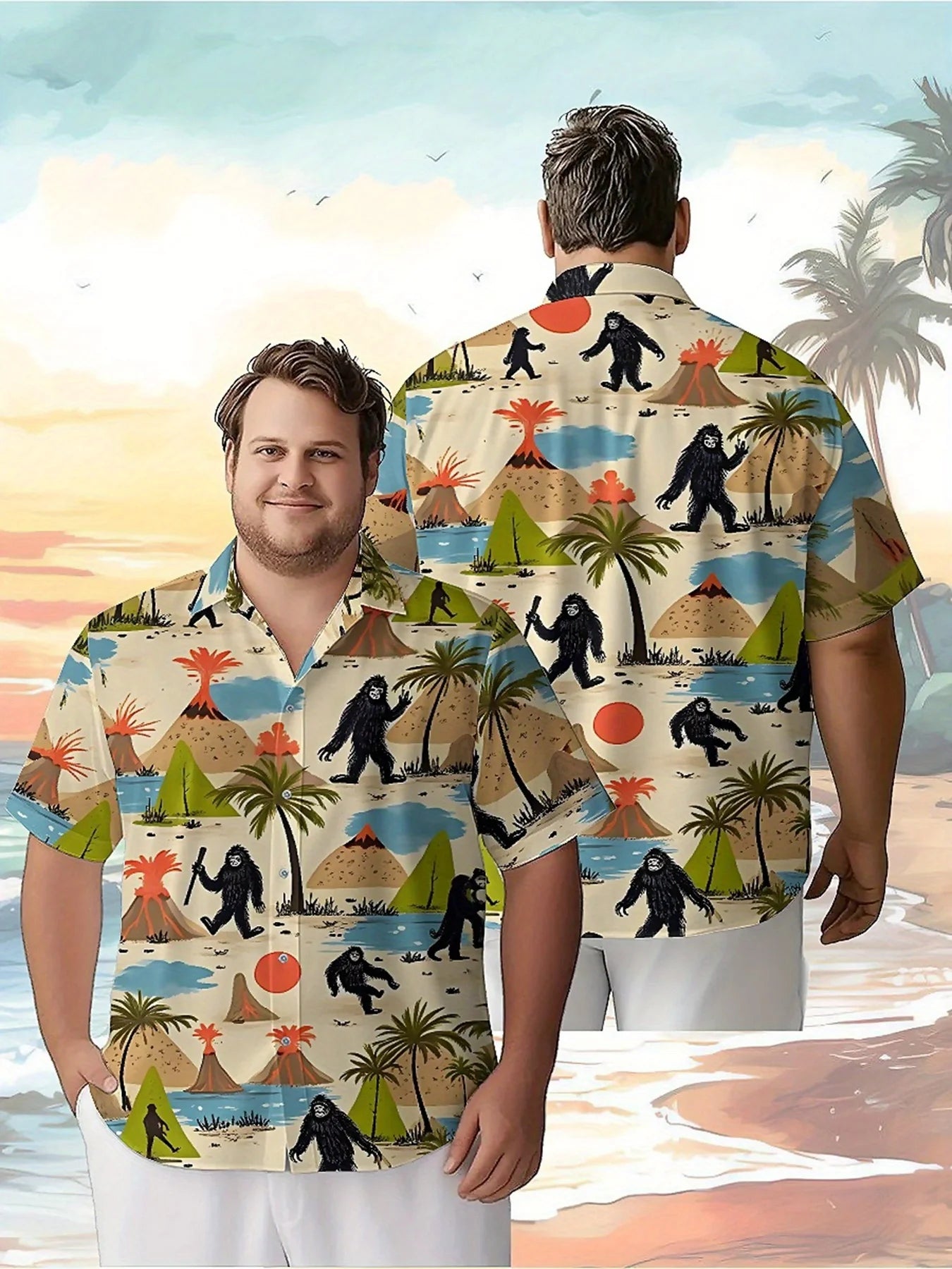 Men's Plus Size Hawaiian Shirts Sasquatch and Natural Wonders pattern, Button Up Shirts, Unisex Casual Clothing, Summer Tops