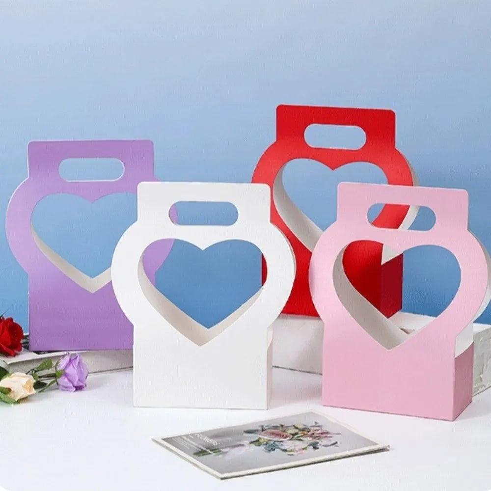 3PCS Heart-Cutout Flower Gift Box Romantic Portable Paper Flower Box With Handle Foldable Floral Wrap Box Birthday Party