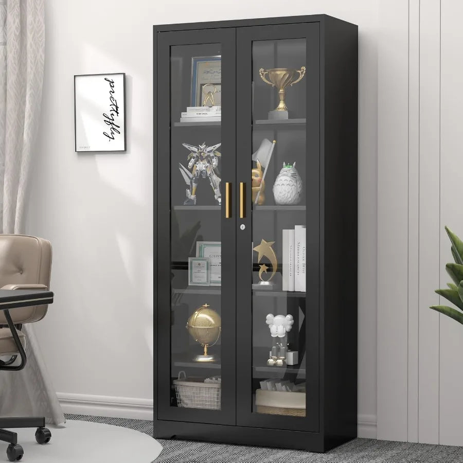 71 Glass Display Cabinet with Lock for Living Room, Tempered Glass, Black, Secure Storage and Elegant Showcase Design