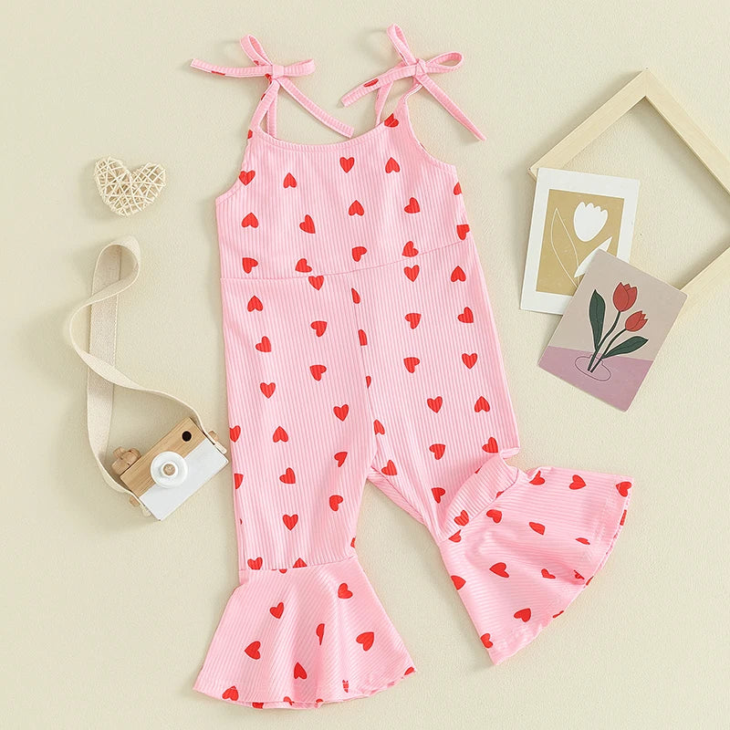 1-5Y Toddler Girls Valentine's Day Jumpsuit Heart Print Sleeveless Tie-Up Spaghetti Straps Bell-Bottoms Romper Overalls Clothes