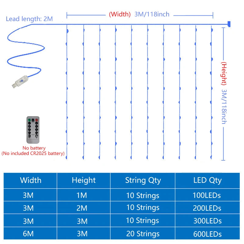 USB Plug Curtain LED Light String 8 Modes Remote Control Bedroom Wedding Party New Year Christmas Valentine's Day Decoration