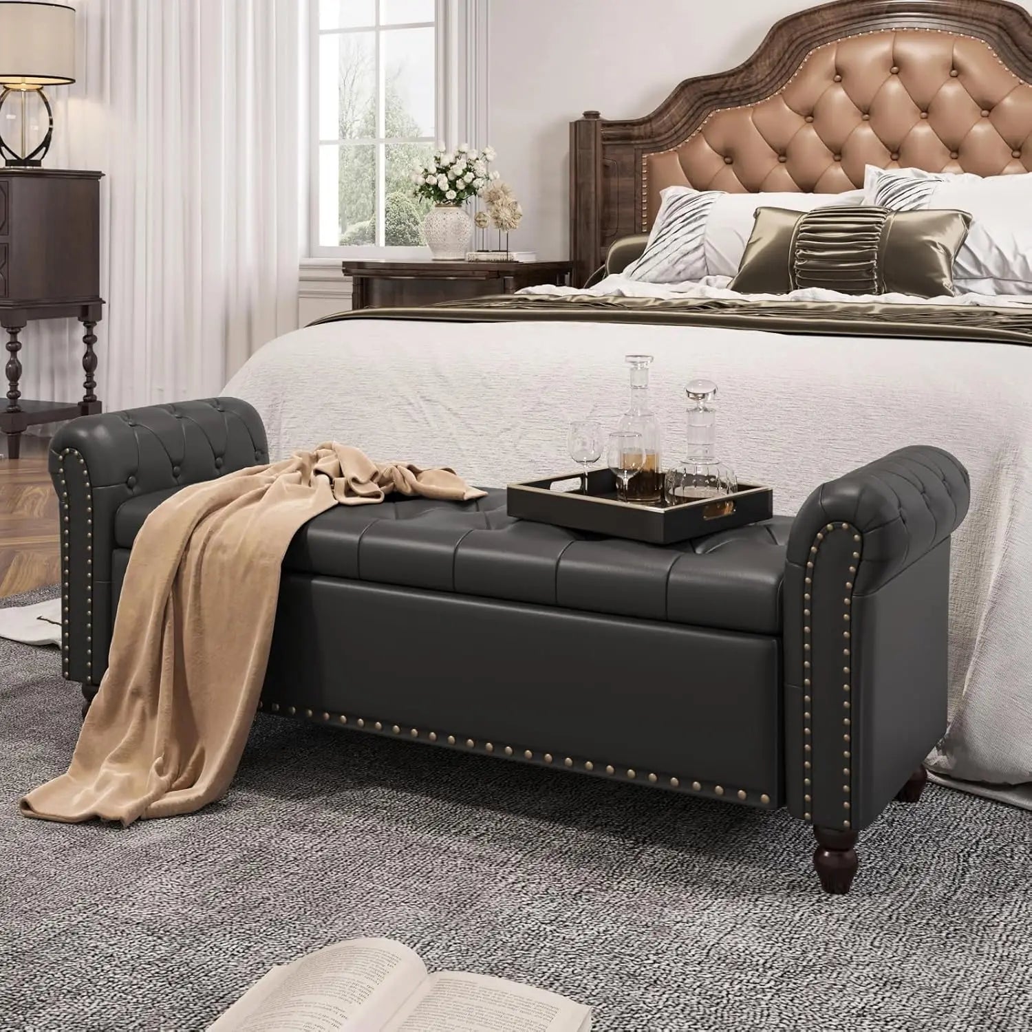 Bedroom Bench, End of Bed Bench with Storage, Bed Benches for Foot of Bed, Faux Leather Window Bench with Rolled
