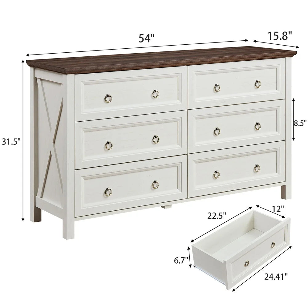 Farmhouse 6-Drawer Dresser Rustic Chest of Drawers Versatile Storage Living Room Bedroom Durable Stylish Design