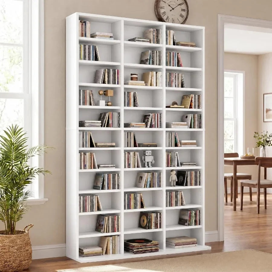 Tall Media Storage Cabinet Tower Bookcase for Living Room, MDF Wood, White, 7/9/11-Tier with 21/27/33 Compartments for Organize