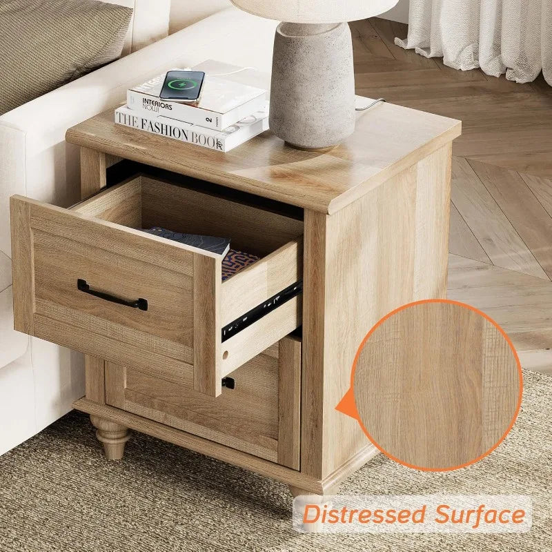 WAMPAT Nightstand Side Table with Charging Station, Light Wood End Table with 2 Drawers,Night Stand Bedside Table,Oak