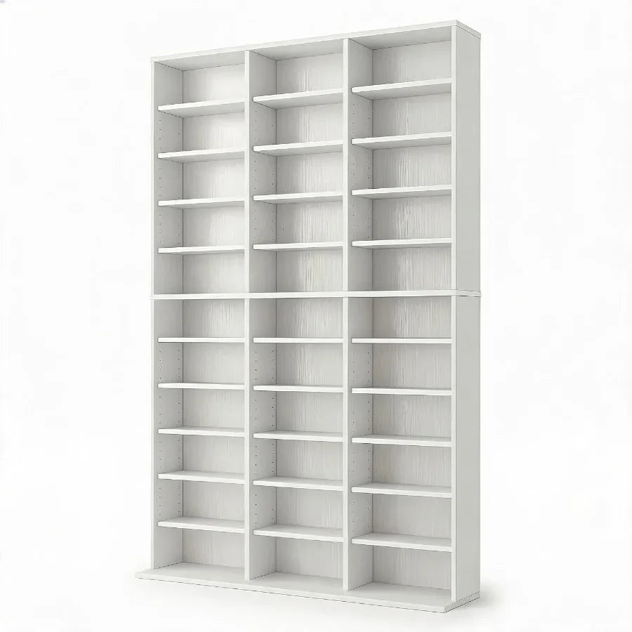 Tall Media Storage Cabinet Tower Bookcase for Living Room, MDF Wood, White, 7/9/11-Tier with 21/27/33 Compartments for Organize