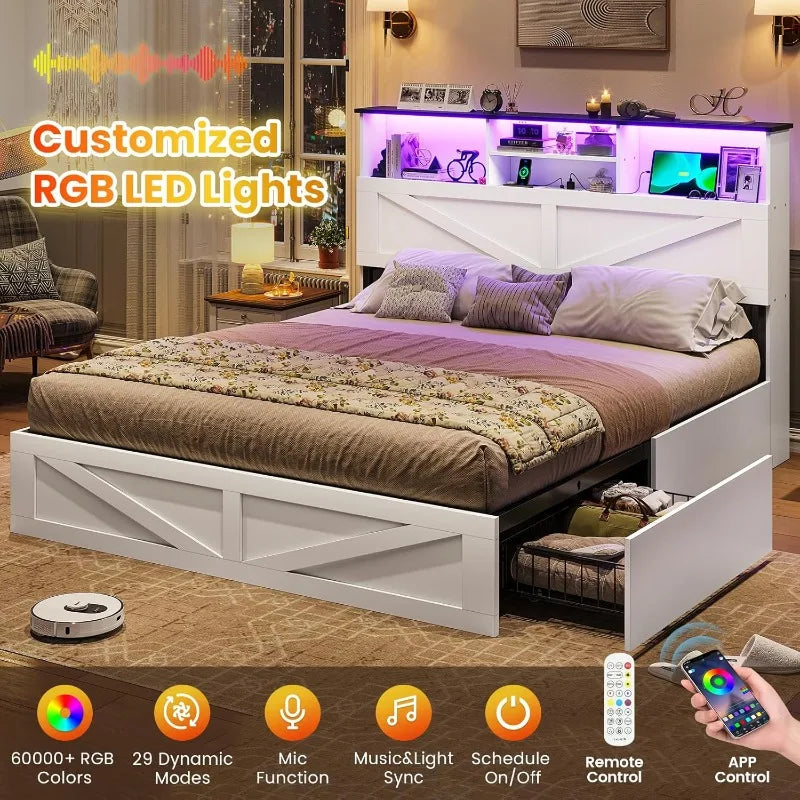 VIAGDO Farmhouse Bed Frame Queen Size with Bookcase Storage Headboard, Charging Station and LED Lights, Wooden Queen Bed Frame