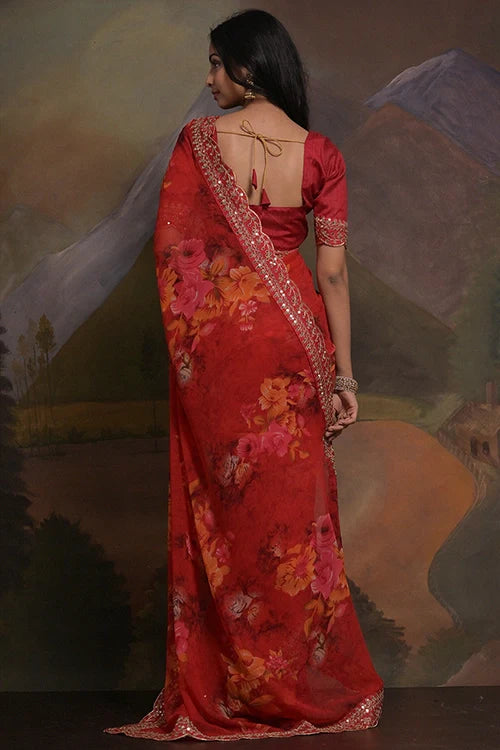Red Georgette Saree with Designer Bollywood Look